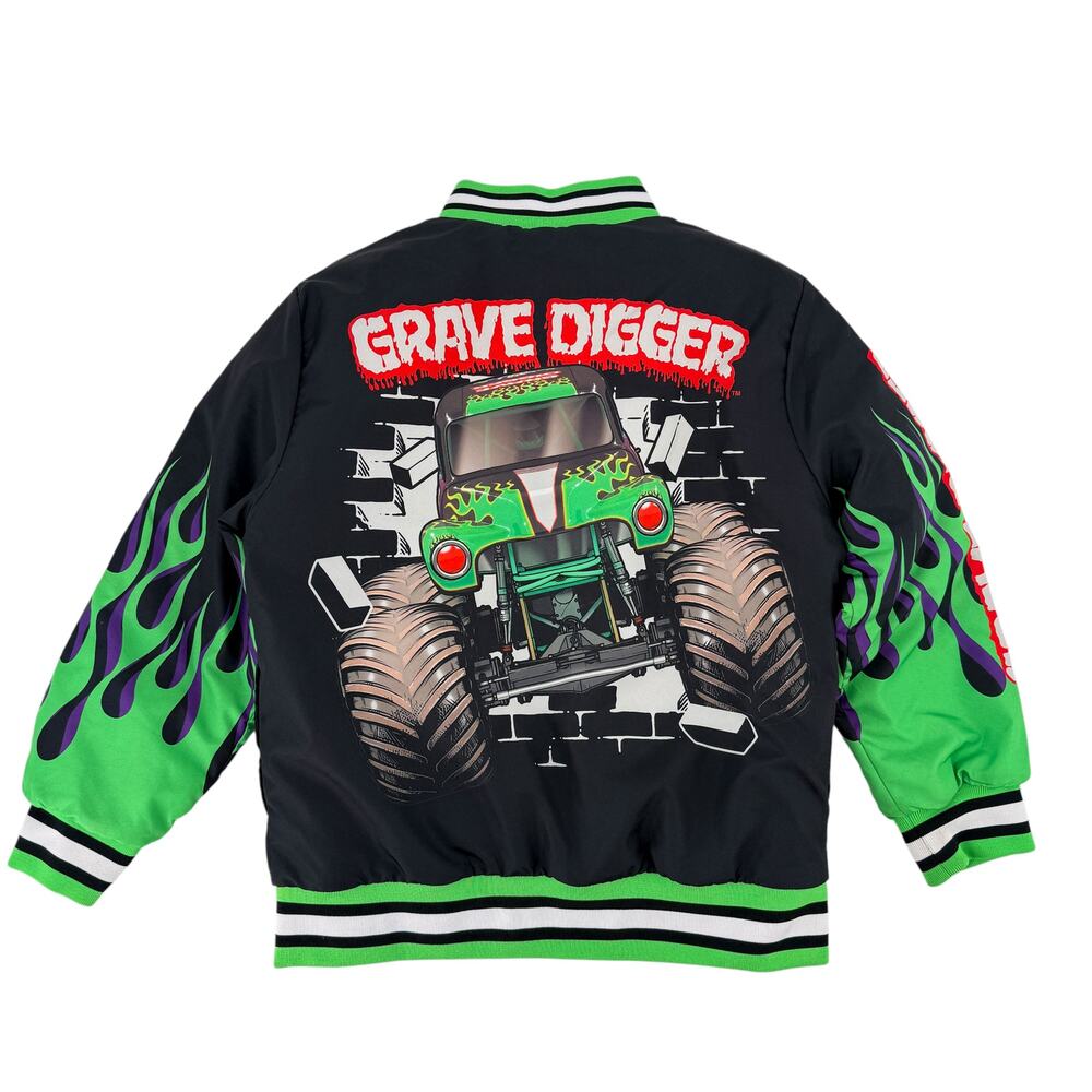 Monster Jam Grave Digger Kids Jacket Boys Size 8 Black Green Bomber Zip Coat